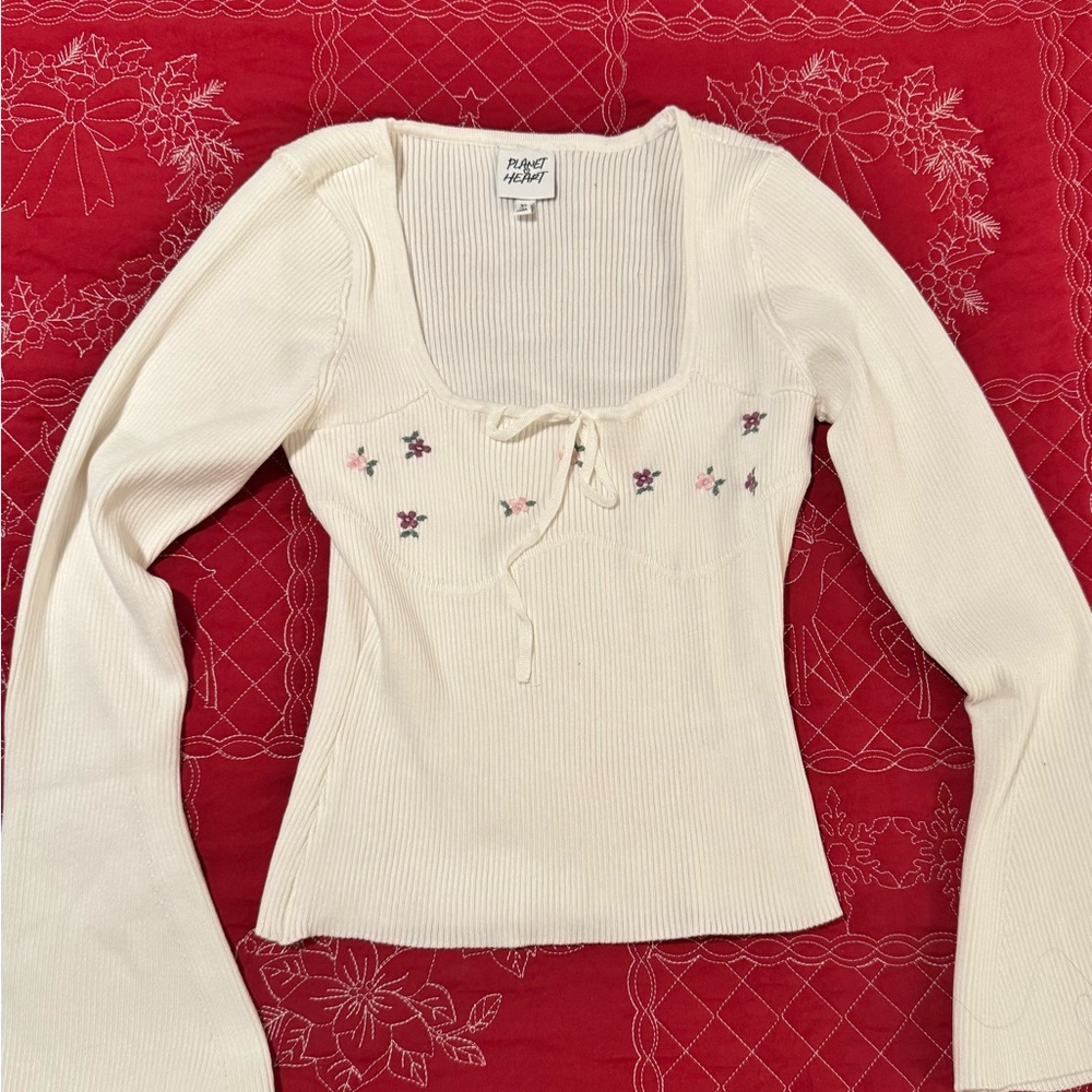 Floral Embroidered Cream Sweater